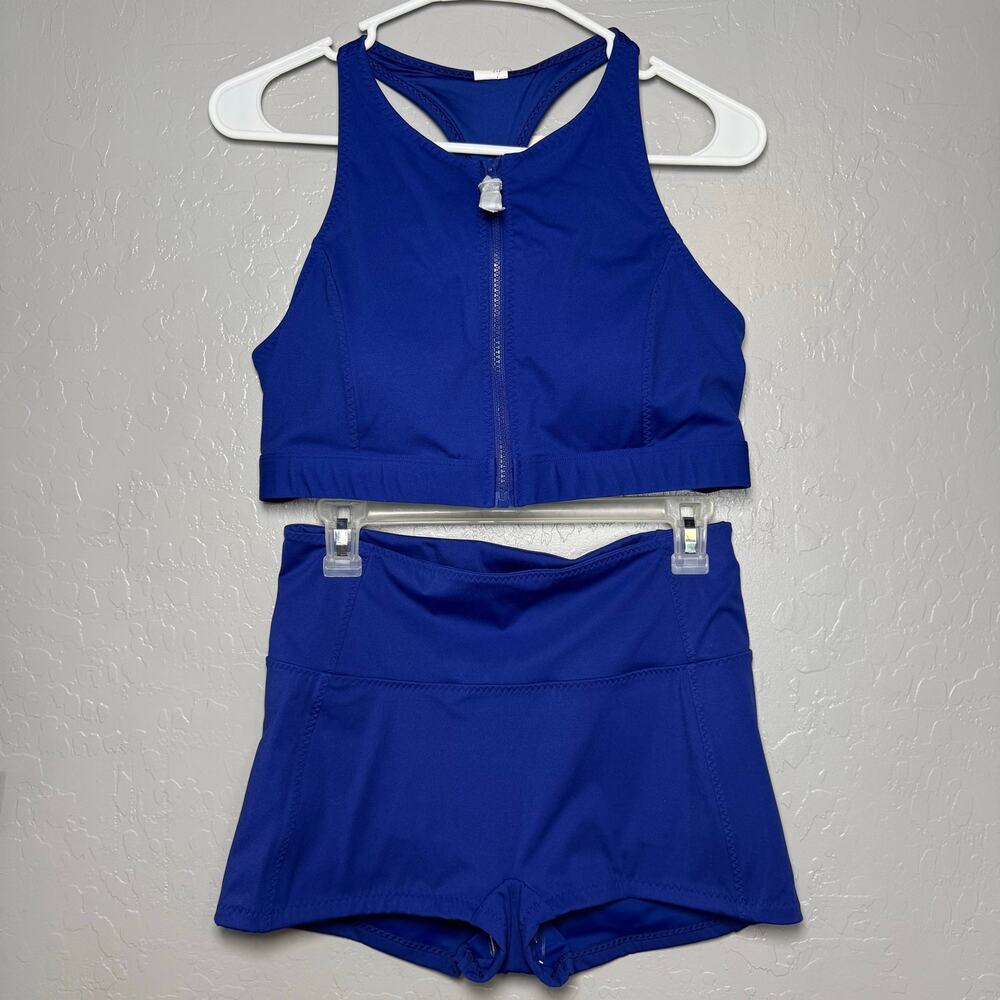 Fabletics High Tide Zip Swim Top & High Waisted Short Set Admiral Blue NWT L